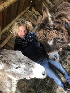A propos Interaction affectueuse entre une femme et ses ânes dans une grange rustique, témoignant d'une vie rurale authentique
